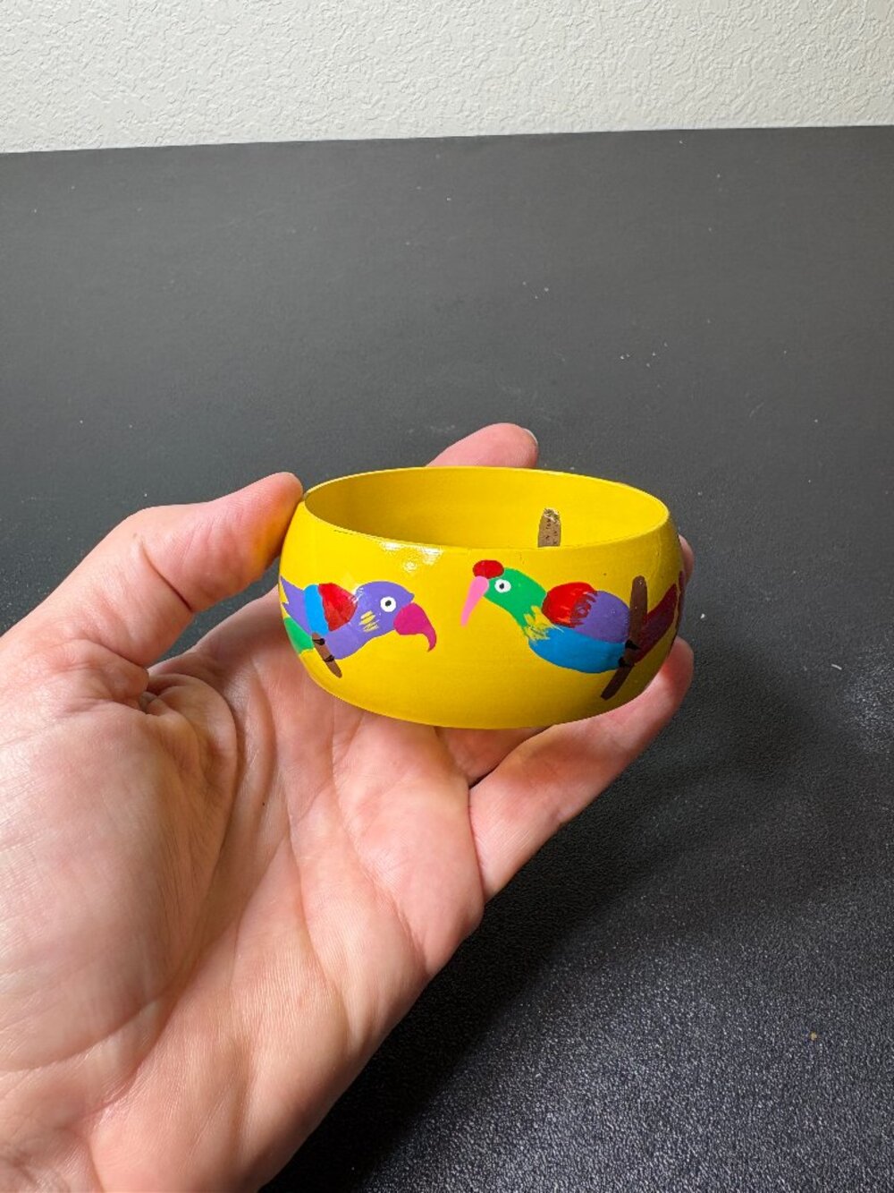 BOHO Hand Painted Yellow Wooden Bracelet with Colorful Tropical Birds